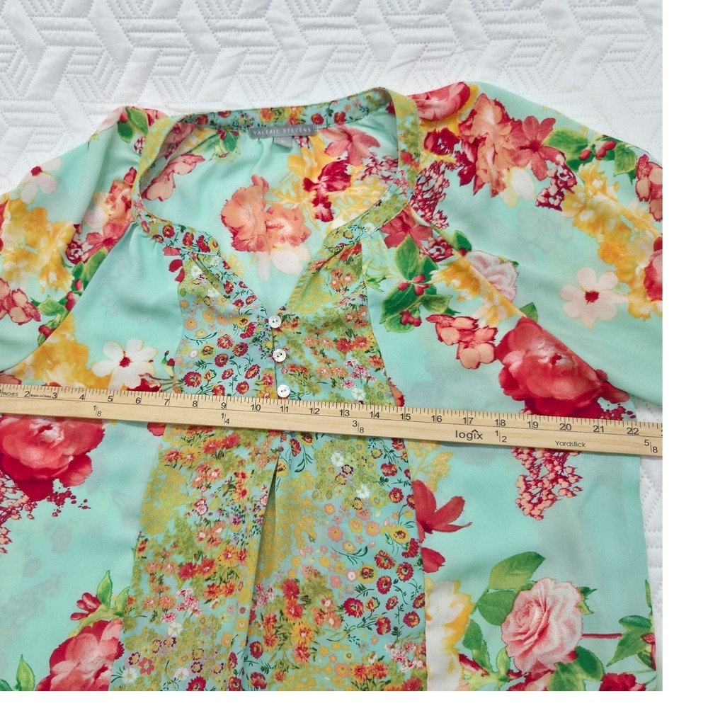 Valerie Stevens Blouse Floral Boho WomenXL Mint Green Mixed Print Balloon Sleeve - Picture 8 of 8